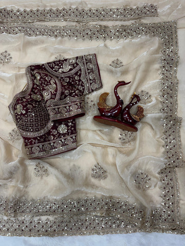 ⭕SAREE FAB. : Soft Frendy Satin Fabric  ⭕ WORK : Sequance and Zari Embroidery Work  ⭕ BLOUSE Premium heavy Embroidery work in Frendy Satin ( FULL STITCH BLOUSE)