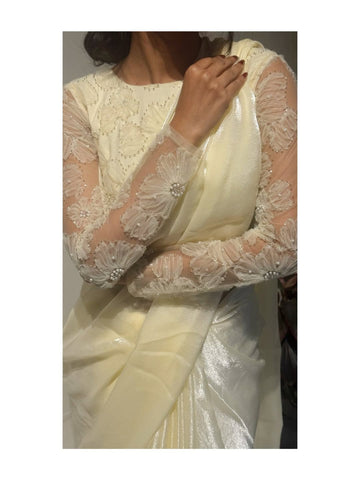 Pure Soft space Silk (Fendi ) saree 5.5 cut   Blouse Pure Primium Butterfly Net With ribbon And bits Flowers Work all over Blouse (Unstiched)