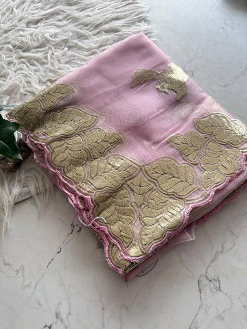 Pure Orgenza Tissue With pitta Thread Gold Zari Work And scalp Border   Blouse Pure Embose Weave Crystal Fabric with Sleeves Work  (Unstiched)