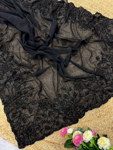 Saree:- Pure Fox Geogate With Beautiful Original Black Beeds Work with Cut  work border