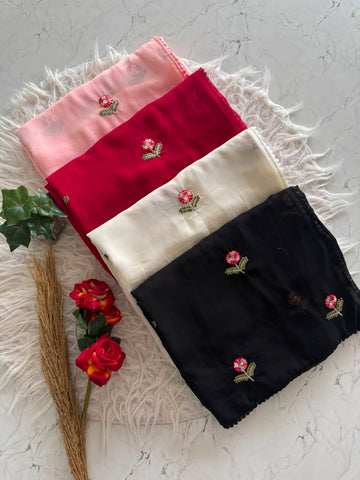 Primium Soft Georrget Blooming With Multy Thread Work Butti And Gpo Lace Border four side    Blouse  running Georrgte with Butti work SD6082