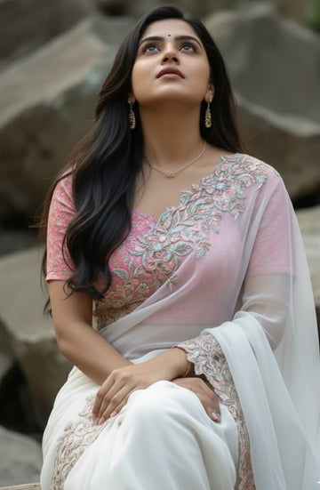 Pure Tabi Silk saree with elegant multi coloured embroidary work on all over the saree  Very light weight saree  Teamed with designer embroidary work blouse as shown SD5006