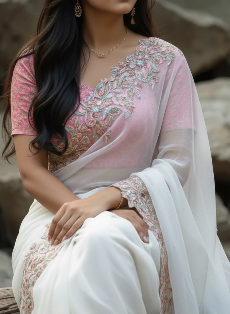 Pure Tabi Silk saree with elegant multi coloured embroidary work on all over the saree  Very light weight saree  Teamed with designer embroidary work blouse as shown SD5006