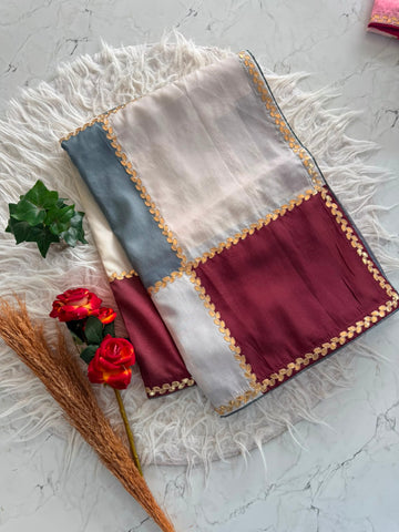 Pure Tussar Falling Material Saree With Checks Prints And Gotta Prisum Work In full saree  Blouse Tussar With Checks Print SD6084