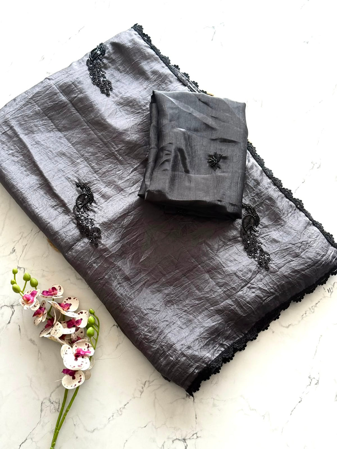 Pure Soft Cruncy Silk Saree with Sequnce Bits Work black Color And GPO lace Border Four Side   Blouse Contrast Black Color Crunchy Silk with Butti Work  SD6085