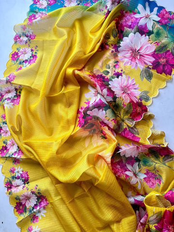 Pure Soft kota Doria  With digital print And Mirror with cutwork satee  Running blouse   Very light weight saree  DD-1