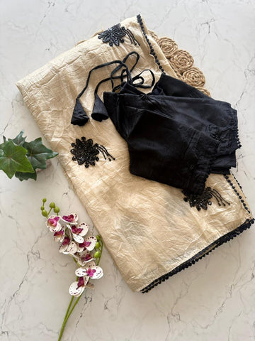 Pure Soft Cruncy Silk With black Bits Work And Gpo Lace Border Four Side   Blouse Contrast Black Color Cruncy fanbric With Bits Butti Work  SD6090