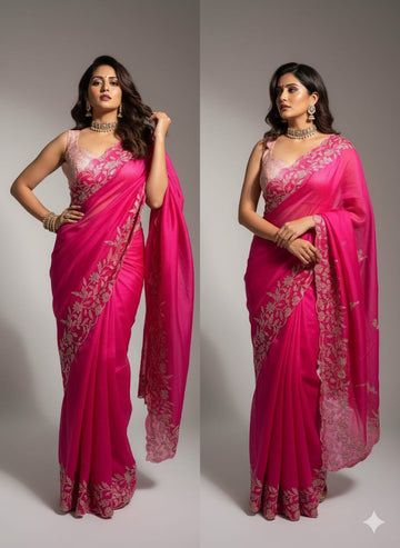 Elegant Pink Embroidered Saree with Matching Blouse and Tassel S-001