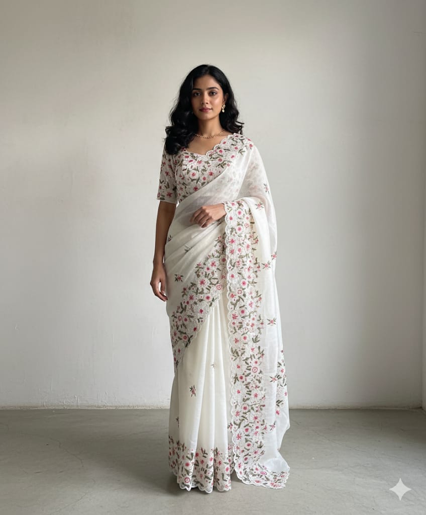 Premium Kota Doriya saree with embroidery flower butties on all over the saree  S-004