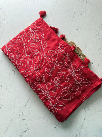 Red Textured Saree with White Floral Embroidery & Tassel Detail SD-1089