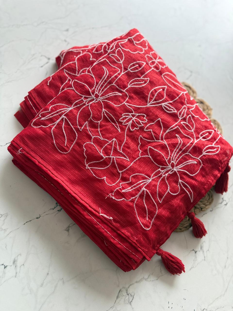 Red Textured Saree with White Floral Embroidery & Tassel Detail SD-1089