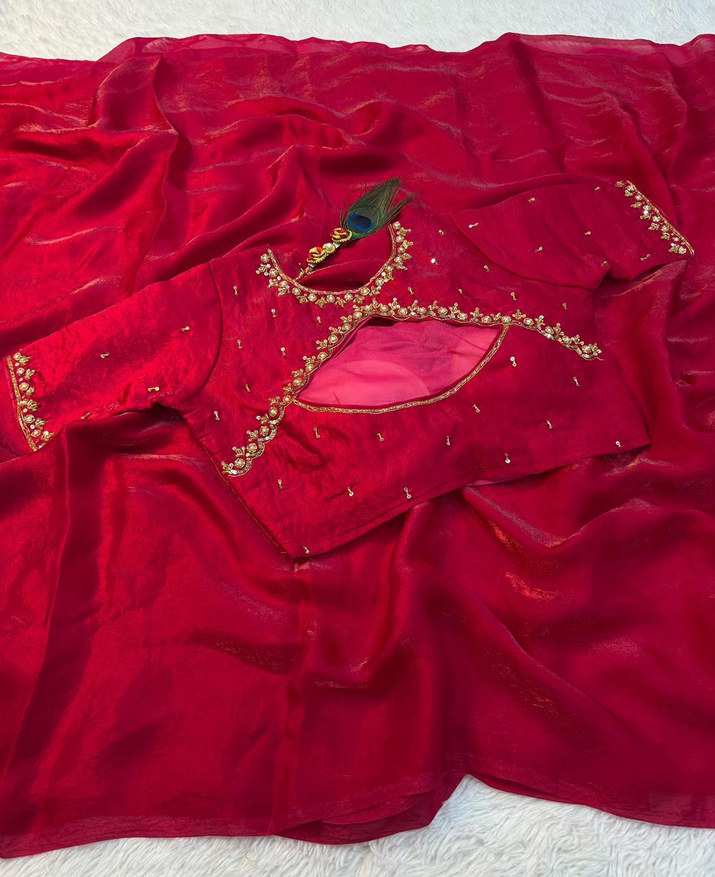 Plain Silk Saree with Heavy Embroidered Blouse Piece SD-1108