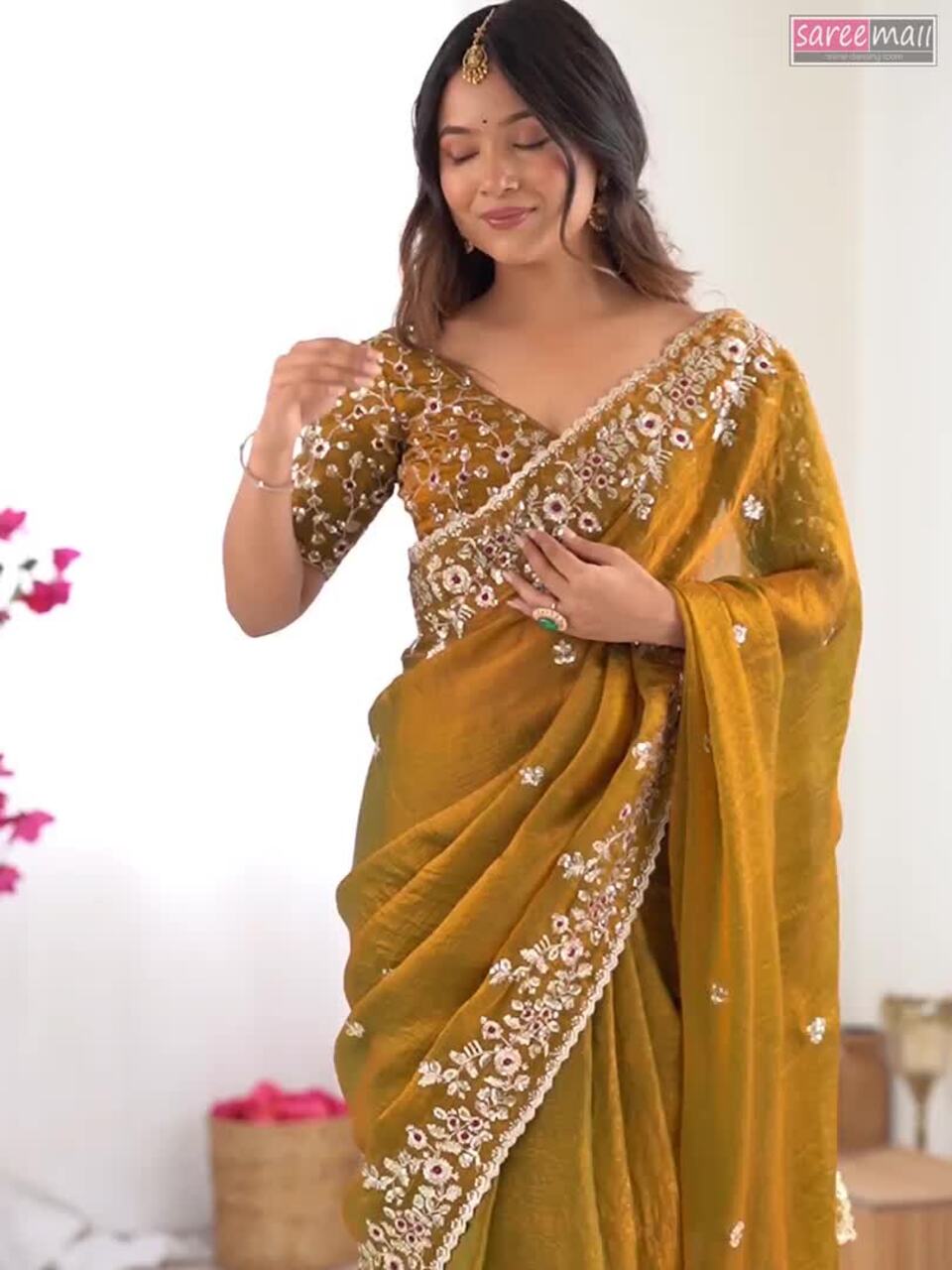 Autumn Ember" Scalloped Silk Saree in Terracotta Rust SD-1084